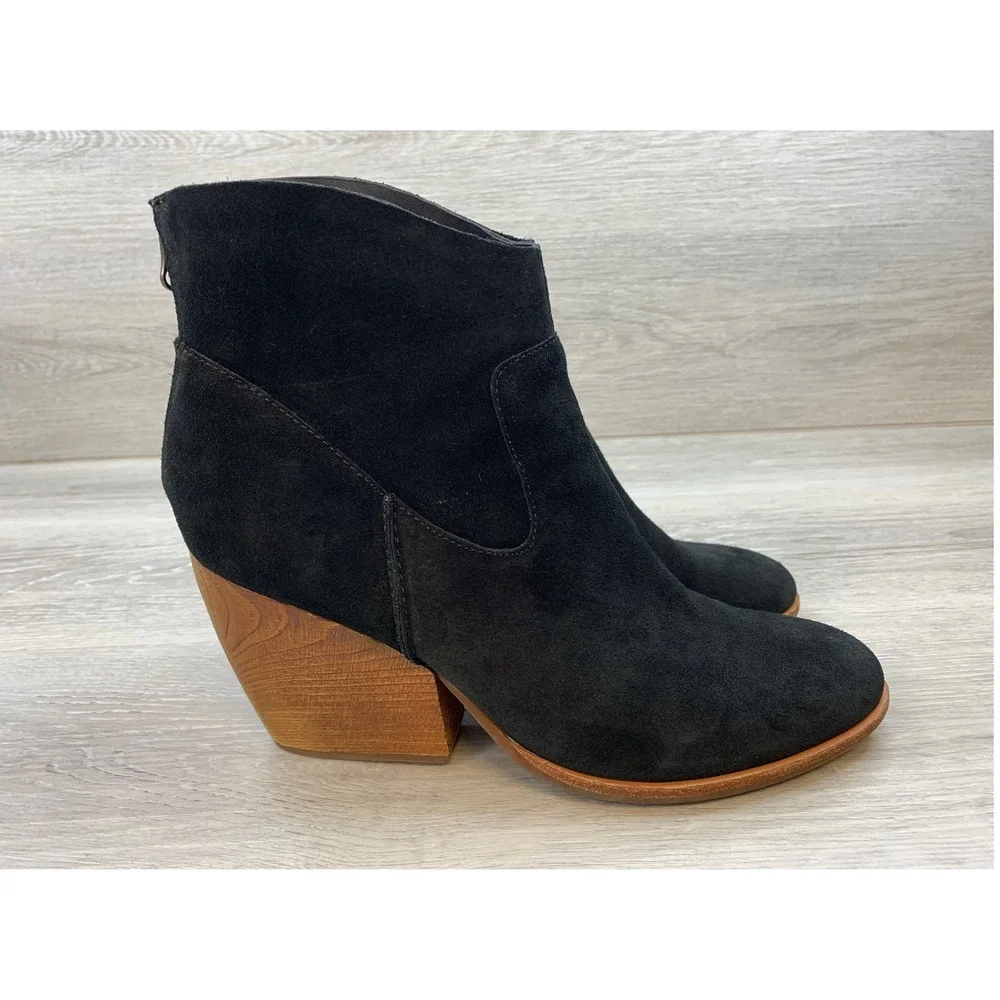 Kork-Ease Women's Black Suede Ankle Boots 11 Wood Block Heel Leather Booties